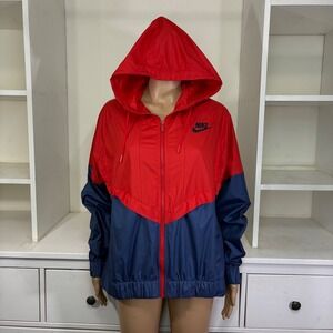 Nike Windrunner Windbreaker Jacket Red Navy Blue Colorblock Womens Large Hooded